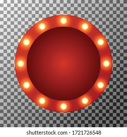 Glühbirnen auf Retro-Banner mit Platz für Text. Konzept Retro Design Element Kreis Schild leuchten mit Leuchten. Amerikanische Vektorgrafik mit transparentem Hintergrund.