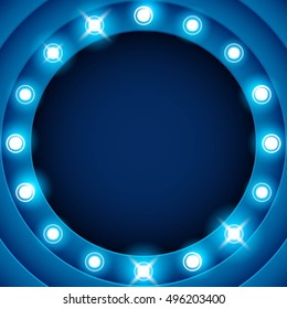 Light bulbs on retro banner with space for text. Retro design element circle signboard glowing with lamps. American advertisement style vector illustration. 