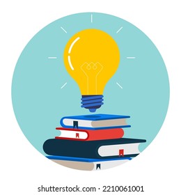 Light bulbs on a stack of books in background. Flat vector illustration.