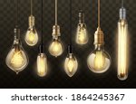 Light bulbs on transparent background realistic vector design. Glowing lamps of hanging filament or incandescent lightbulb, vintage ceiling pendants with warm yellow light, indoor lighting themes