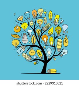 Bombillas en el árbol. Ecología Concepto arte. Símbolo de creatividad, innovación, inspiración, invención e idea. Estilo dibujado a mano para su diseño