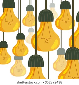 light bulbs on wire hand down, cartoon flat style vector illustration on isolated white background