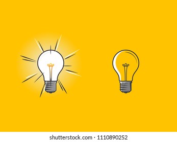 Light bulbs with one glowing on yellow background. Icon concept of invention, study, imagination and creativity. Design element for business startup, technology, science. 