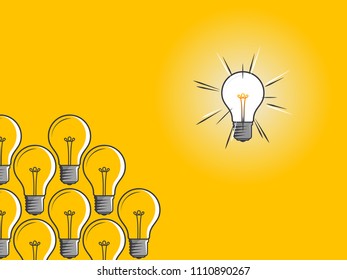Light bulbs with one glowing on yellow background. Icon concept of invention, study, imagination and creativity. Design element for business startup, technology, science. 
