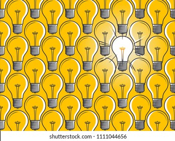 Light bulbs with one glowing on yellow background. Icon concept of invention, study, imagination and creativity. Design element for business startup, technology, science. 