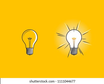 Light bulbs with one glowing on yellow background. Icon concept of invention, study, imagination and creativity. Design element for business startup, technology, science. 