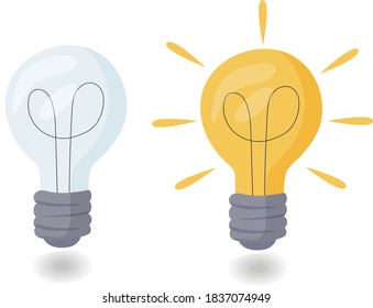 Light bulbs. one is on, the other is off. Vector illustration of incandescent lamp. The concept of a creative and unique new idea. Creative thinking.