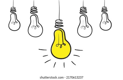 Light bulbs with rays shine. Hand drawn vector. Symbol of idea, creativity, innovation. Vector illustration