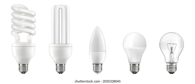 Light bulbs realistic 3D vector illustrations set. Different lightbulb types with various shapes isolated on white background. Halogen, led, incandescent, energy saving and CFL lamps. Modern illuminat
