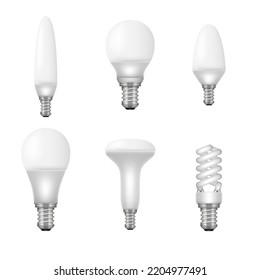 Bombillas de luz realistas. Diferentes tipos de bombillas con varias formas sobre fondo transparente. Halógeno, lámparas de plomo, incandescentes, de ahorro de energía y lámparas CFL. Iluminación moderna. Ilustración del vector