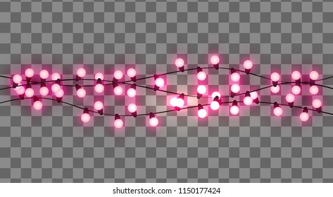 Light bulbs, realistic vector retro garland, background with pink glowing lights on transparent background. 