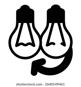 Light bulbs and replace arrow solid icon, electrician service concept. Vector graphics. Replacing lightbulbs, repair sign on white background, style mobile or design