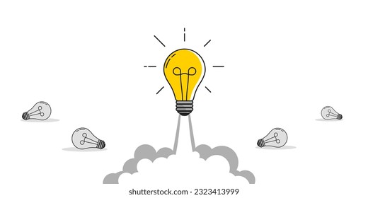 Light bulbs rocket launch. Electric extinct lightbulbs the ground and one took off like a rocket. Concept of business startup and idea or choosing successful idea from many failed ones. Vector.