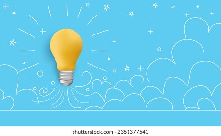 Light bulbs rocket launch. Electric extinct lightbulbs the ground and one took off like a rocket. Concept of business startup and idea or choosing successful idea from many failed ones. Vector.