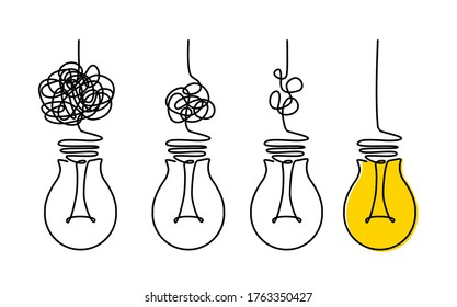 Light bulbs and scribbles. the concept of chaos and order in thoughts and ideas. flat vector illustration isolated on white background