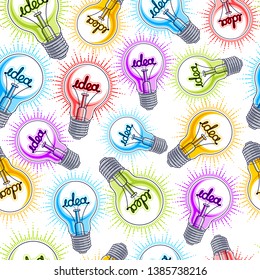 Light bulbs seamless background, creative ideas concept, website for creators or designers, vector wallpaper or web site background.