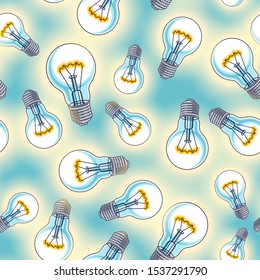 Light bulbs seamless background, creative ideas concept, website for creators or designers, vector wallpaper or web site background.