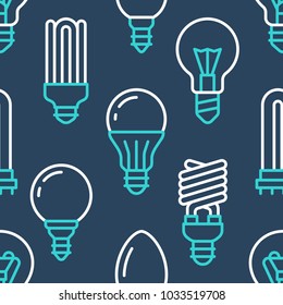 Light bulbs seamless pattern with flat line icons. Led lamps types, fluorescent, filament, halogen, diode and other illumination. Modern dark blue background with linear signs for electric store.