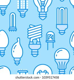 Light bulbs seamless pattern with flat line icons. Led lamps types, fluorescent, filament, halogen, diode and other illumination. Modern dark blue background with linear signs for electric store.