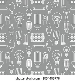 Light bulbs seamless pattern with flat line icons. Led lamps types, fluorescent, filament, halogen, diode and other illumination. Modern grey white background with linear signs for electric store.