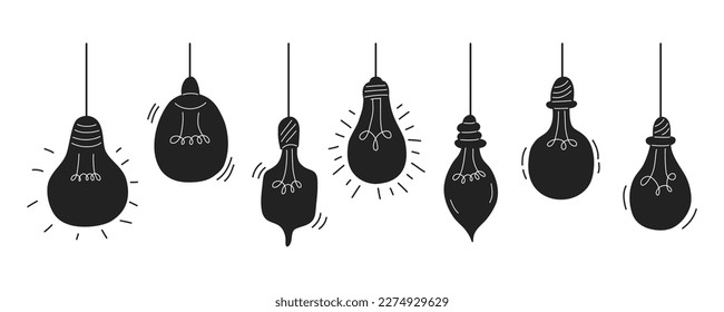 Bombillas marcadas en un estilo de doodle negro aisladas sobre fondo blanco. Concepto de idea de negocio, energía. Ilustración vectorial.