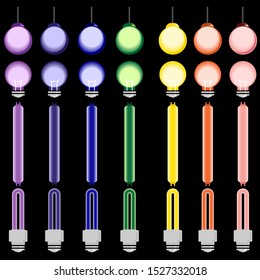 light bulbs set illustration, 4 types 7 colors of light bulbs isolated on black background.