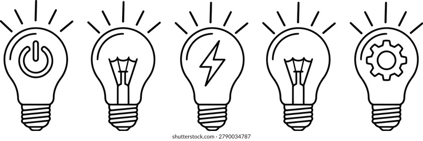 Light bulbs set with power button filament lightning bolt and gear icons silhouettes on isolated background, creative idea line art vector collection