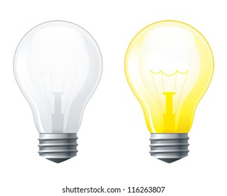 Light bulbs set, turned off and glowing yellow light bulb, EPS10 file with transparent  objects