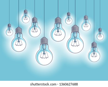 Light bulbs shining beautiful vector realistic illustration. Ideas concept, creative inspiration, creativity. Perfect background or wallpaper.