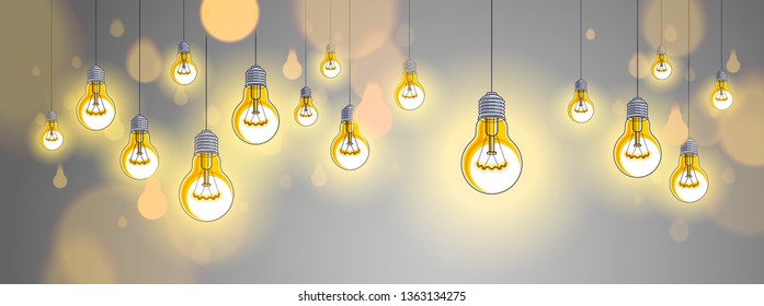Light bulbs shining beautiful vector realistic illustration. Ideas concept, creative inspiration, creativity. Perfect background or wallpaper.