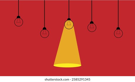 Light Bulbs Switched off and Shining. Bright idea brainstorming and energy consumption vector art