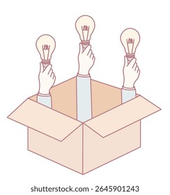 Light bulbs symbolize innovative ideas springing from a box, representing creativity and inspiration.