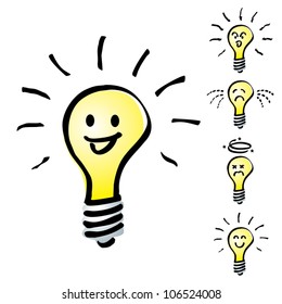 Light bulbs or Tungsten bulb in Hand drawn or cartoon isolate on white background. Set of Hand drawn or cartoon light bulbs in mood or emotion happy, smile, sad, indifferent, cheerful and dizzy.