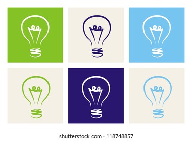Light bulbs vector icon set on green, beige, blue and navy background. Sign or symbol of creative invention or ecology power