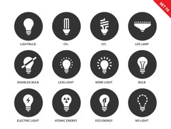 Light and bulbs vector icons set. Illumination and electricity concept. Different kinds of bulbs, cfl, led lamp, atomic energy, lighting options. Isolated on white background.