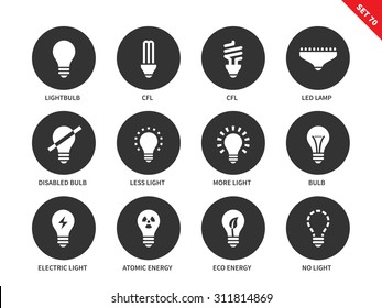 Light and bulbs vector icons set. Illumination and electricity concept. Different kinds of bulbs, cfl, led lamp, atomic energy, lighting options. Isolated on white background.