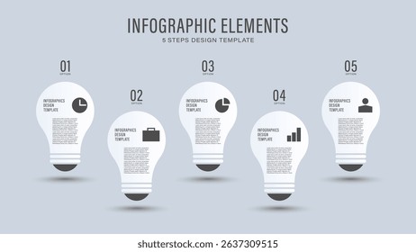 Light bulbs vector infographic template for 5 steps or ideas. Path to success, visualization of ideas