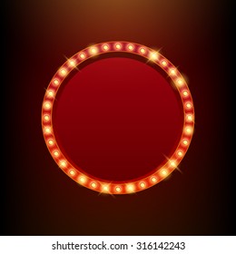 Light bulbs vintage neon glow round frame vector illustration. Good for cinema show theater circus casino design.