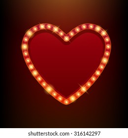 Light bulbs vintage neon glow heart frame vector illustration. Good for cinema show theater circus casino design.