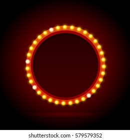 Light Bulbs Vintage Neon Glow Circle Frame Can Be Used for Cinema, Casino, Show or Cafe Bar Design. Vector illustration