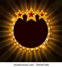 Light bulbs vintage neon glow round frame vector illustration. Good for cinema show theater circus casino design.