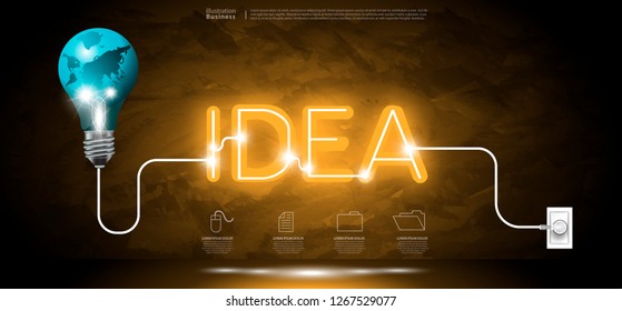 Light bulbs world  - Neon Text  Idea  - Creativity  modern design Idea and Concept  Vector illustration Business  Infographic template with icon Business.
