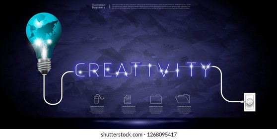 Light bulbs world  - Neon Text  Creativity -   modern design Idea and Concept  Vector illustration Business  Infographic template with icon Business.