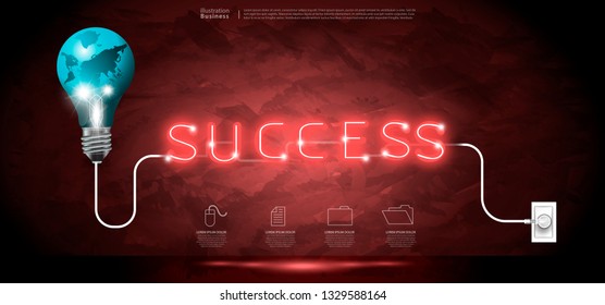 Light bulbs world  - Neon Text  Success -   modern design Idea and Concept  Vector illustration Business  Infographic template with icon Business.
