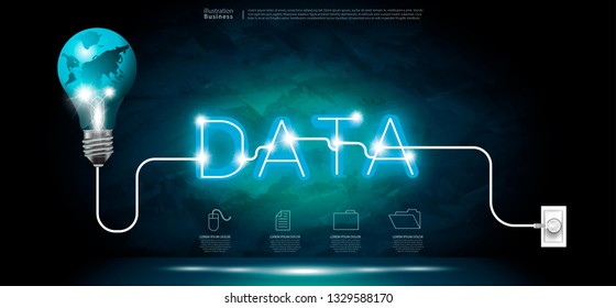 Light bulbs world  - Neon Text  Data -   modern design Idea and Concept  Vector illustration Business  Infographic template with icon Business.