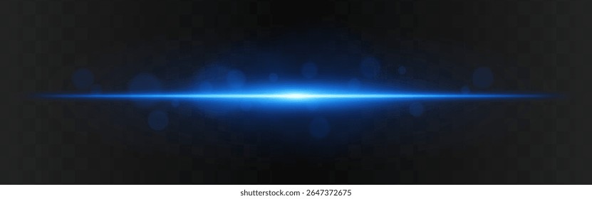 Explosão de luz. Brilho horizontal azul com flare radial e partículas suaves no fundo transparente escuro, adequado para imagens de tecnologia ou ficção científica.