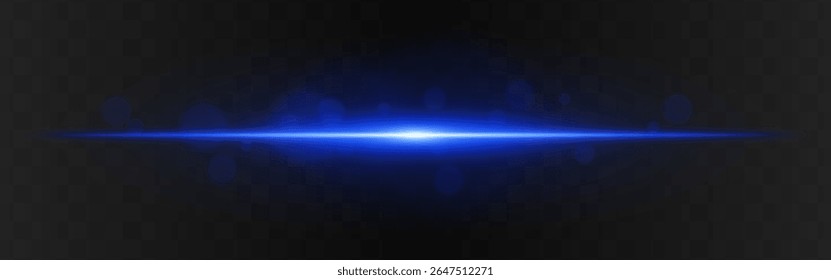 Explosão de luz. Brilho horizontal azul com flare radial e partículas suaves no fundo transparente escuro, adequado para imagens de tecnologia ou ficção científica.
