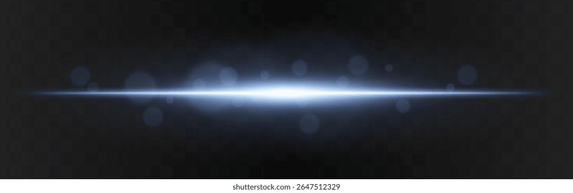 Explosão de luz. Brilho horizontal azul com flare radial e partículas suaves no fundo transparente escuro, adequado para imagens de tecnologia ou ficção científica.