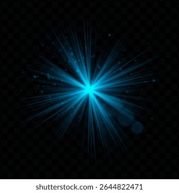 Explosão de luz. Flash radial azul com brilhos e brilho transparente, ideal para imagens tecnológicas, de fantasia ou mágicas e interfaces de usuário dinâmicas.