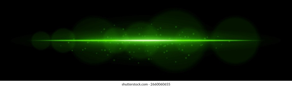 Light burst. Bright horizontal ray with floating particles and lens blur. Ideal for visualizing sparkle, energy or glowing digital effects.